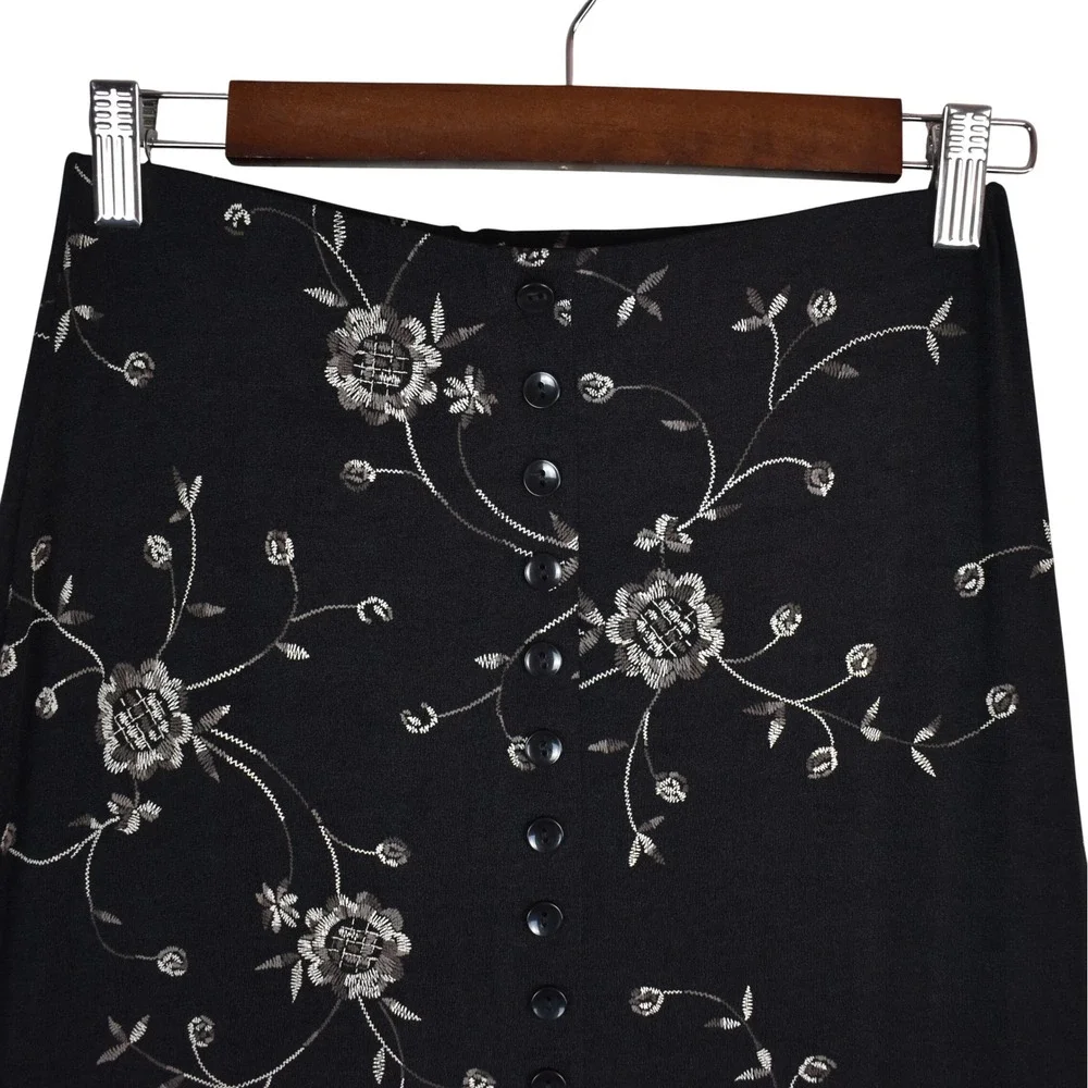 Vintage 90s Floral Midi Skirt Womens S Black Button Down Slinky Drapey Romantic